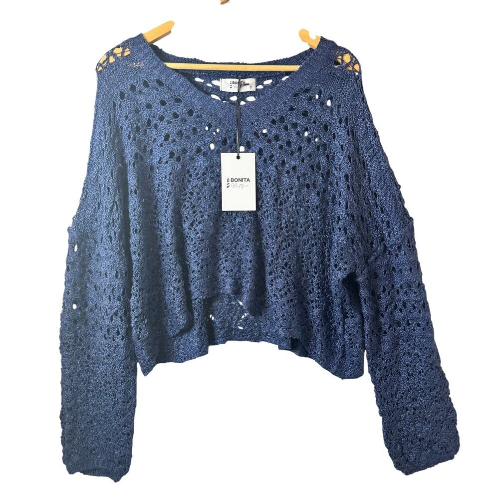 Bonita Oversized Chunky Open Knit Crocheted Sweater Women’s Medium Boho V-Neck